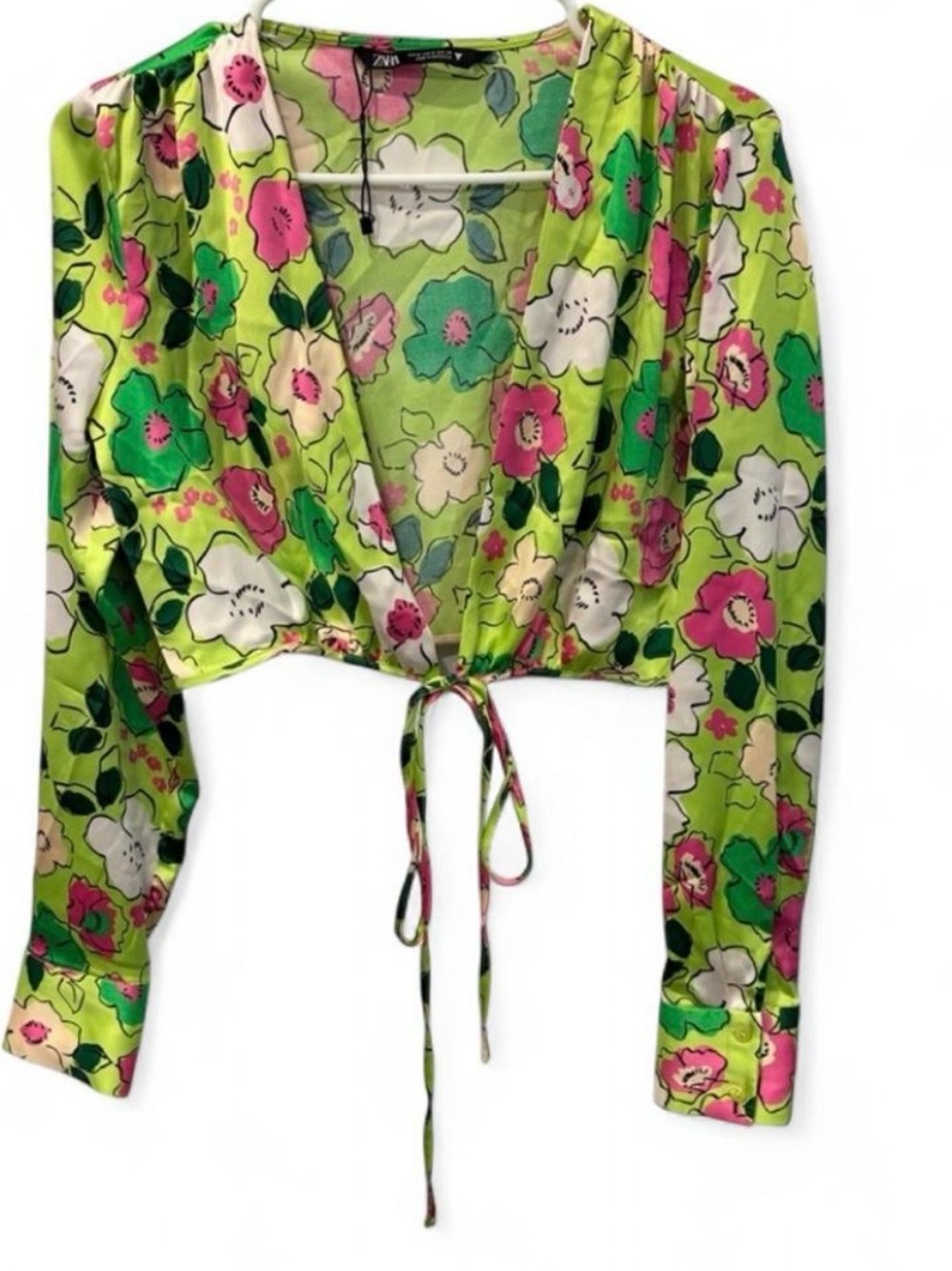 Zara Lime Green Floral Tie-Front Crop Top